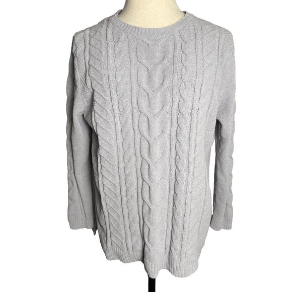 J. Jill Sweaters - J. Jill Chenille Cable Knit Sweater, Sz Large, Light Gray, Casual Soft Pullover